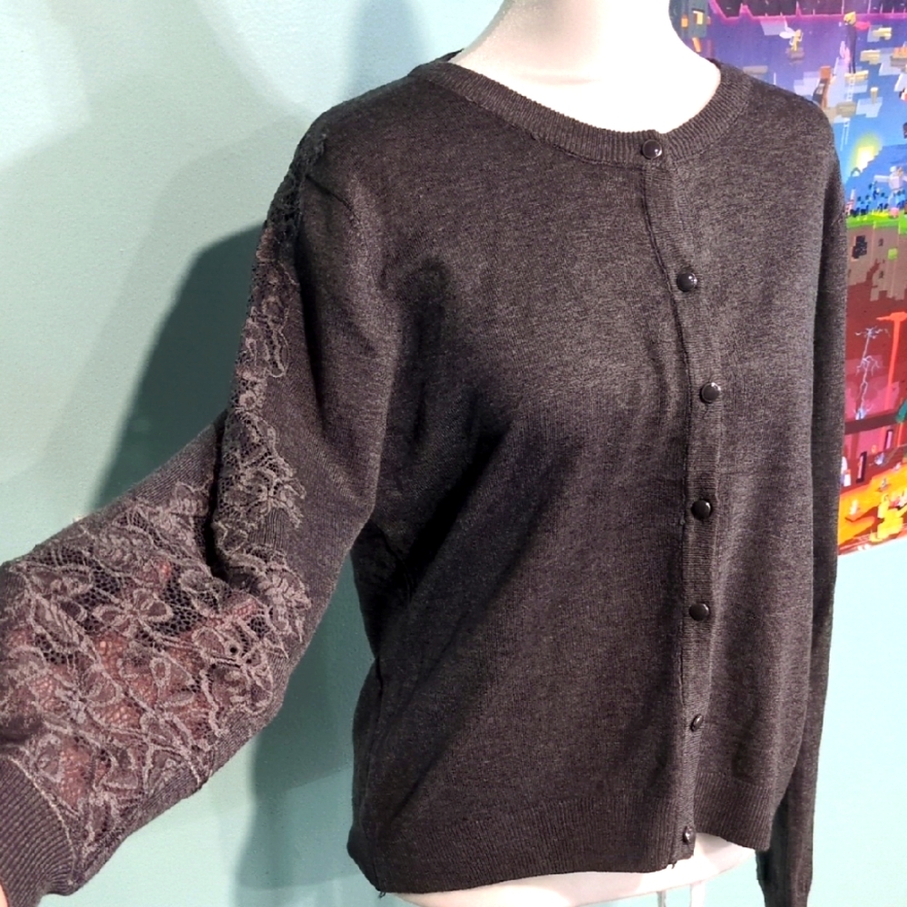 NWT Elegant Gray Women's Sweater with Lace Detail